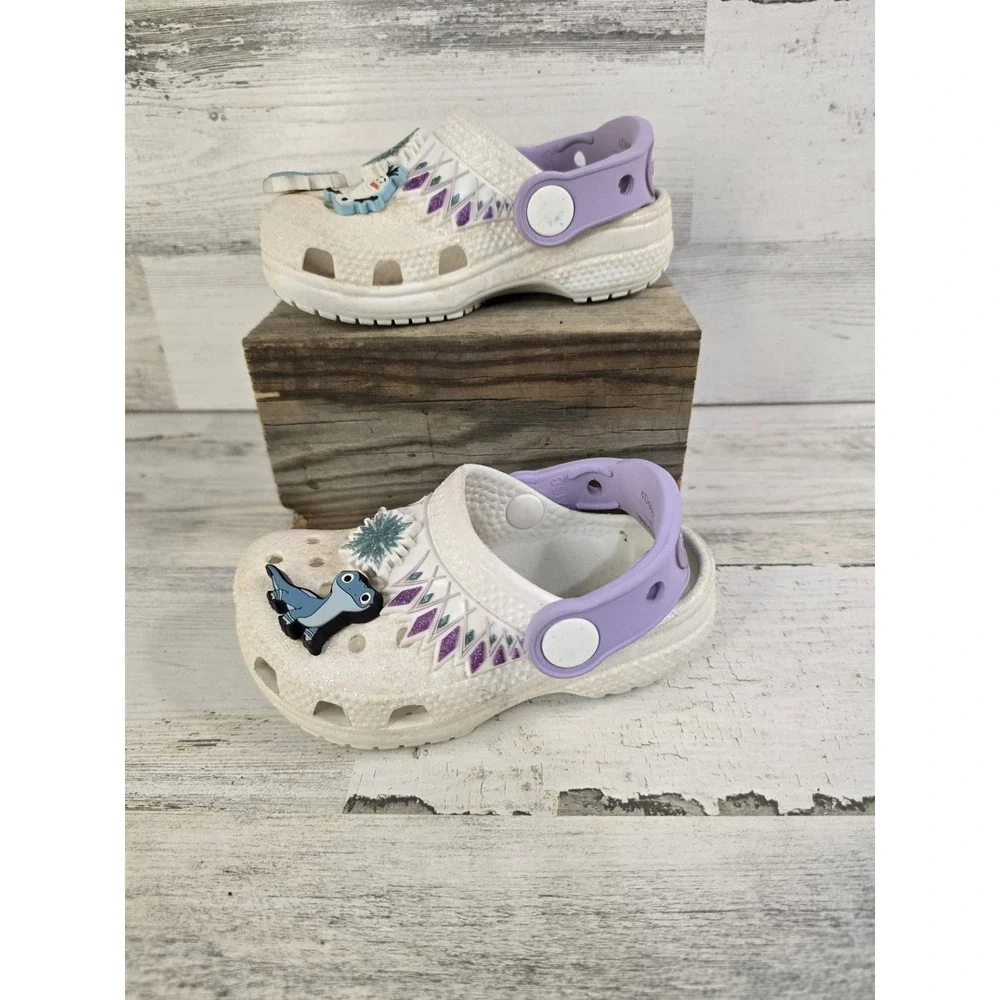Crocs Kids Disney Frozen 2 Glitter Clogs White Purple Elsa Olaf Bruni Size C6